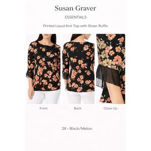 Susan Graver Essentials Printed Liquid Knit Top Chiffon Ruffle Melon Floral 3X